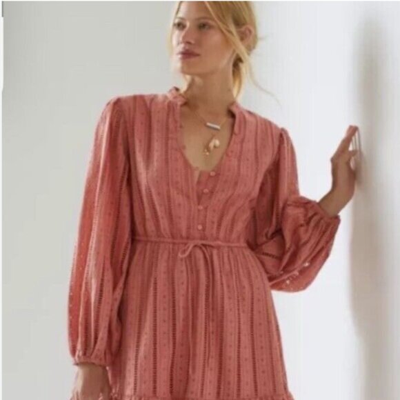 Anthropologie Forever That Girl Pink Rose Eyelet Lace Boho Mini Dress – Size M - Picture 1 of 7